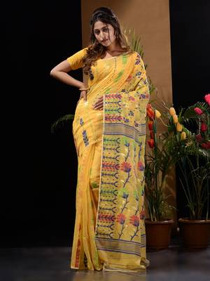 Yellow Silk Cotton Handwoven Jamdani Saree With Floral Designs And Motifs Without Blouse 1