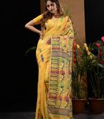Yellow Silk Cotton Handwoven Jamdani Saree With Floral Designs And Motifs Without Blouse