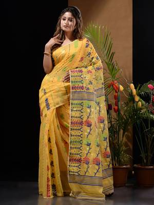 Yellow Silk Cotton Handwoven Jamdani Saree With Floral Designs And Motifs Without Blouse 2