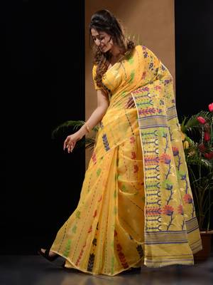 Yellow Silk Cotton Handwoven Jamdani Saree With Floral Designs And Motifs Without Blouse 3