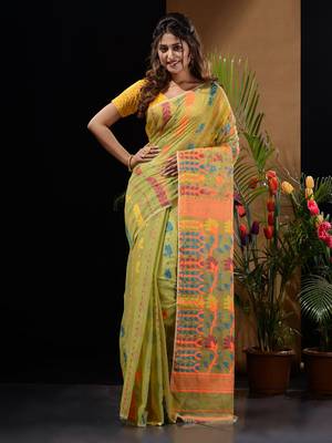 Pistachio Green Silk Cotton Handwoven Jamdani Saree With Floral Designs And Motifs Without Blouse 1