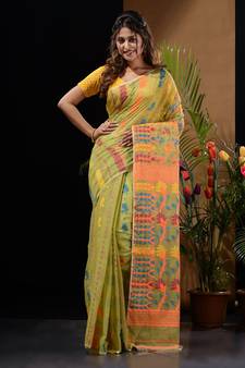 Pistachio Green Silk Cotton Handwoven Jamdani Saree With Floral Designs And Motifs Without Blouse