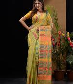 Pistachio Green Silk Cotton Handwoven Jamdani Saree With Floral Designs And Motifs Without Blouse