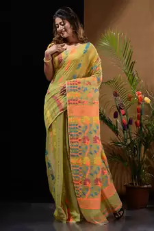 Pistachio Green Silk Cotton Handwoven Jamdani Saree With Floral Designs And Motifs Without Blouse