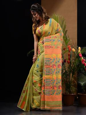 Pistachio Green Silk Cotton Handwoven Jamdani Saree With Floral Designs And Motifs Without Blouse 3