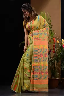 Pistachio Green Silk Cotton Handwoven Jamdani Saree With Floral Designs And Motifs Without Blouse