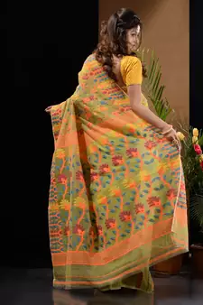 Pistachio Green Silk Cotton Handwoven Jamdani Saree With Floral Designs And Motifs Without Blouse
