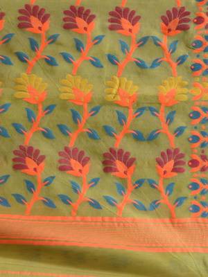 Pistachio Green Silk Cotton Handwoven Jamdani Saree With Floral Designs And Motifs Without Blouse 5