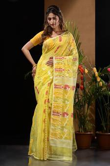 Yellow Silk Cotton Handwoven Jamdani Saree With Floral Designs And Motifs Without Blouse