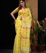 Yellow Silk Cotton Handwoven Jamdani Saree With Floral Designs And Motifs Without Blouse