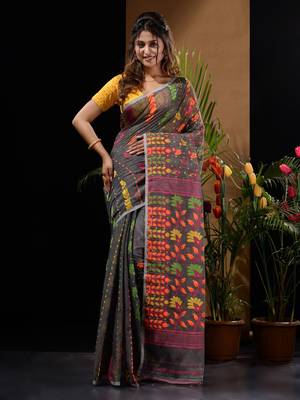 Dark Grey Silk Cotton Handwoven Jamdani Saree With Floral Designs And Motifs Without Blouse 1