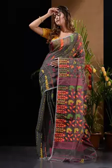Dark Grey Silk Cotton Handwoven Jamdani Saree With Floral Designs And Motifs Without Blouse
