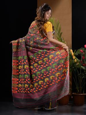 Dark Grey Silk Cotton Handwoven Jamdani Saree With Floral Designs And Motifs Without Blouse 4