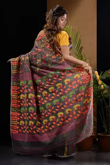 Dark Grey Silk Cotton Handwoven Jamdani Saree With Floral Designs And Motifs Without Blouse