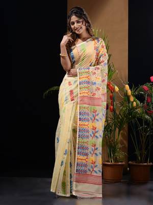 Off White Silk Cotton Handwoven Jamdani Saree With Floral Designs And Motifs Without Blouse 1