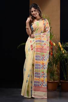 Off White Silk Cotton Handwoven Jamdani Saree With Floral Designs And Motifs Without Blouse