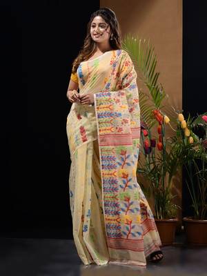 Off White Silk Cotton Handwoven Jamdani Saree With Floral Designs And Motifs Without Blouse 2
