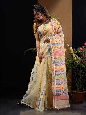 Off White Silk Cotton Handwoven Jamdani Saree With Floral Designs And Motifs Without Blouse 3