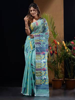 Sea Green Silk Cotton Handwoven Jamdani Saree With Floral Designs And Motifs Without Blouse 1