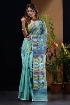 Sea Green Silk Cotton Handwoven Jamdani Saree With Floral Designs And Motifs Without Blouse