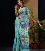 Sea Green Silk Cotton Handwoven Jamdani Saree With Floral Designs And Motifs Without Blouse