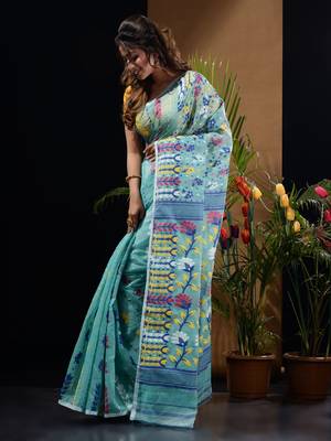 Sea Green Silk Cotton Handwoven Jamdani Saree With Floral Designs And Motifs Without Blouse 3