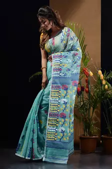 Sea Green Silk Cotton Handwoven Jamdani Saree With Floral Designs And Motifs Without Blouse