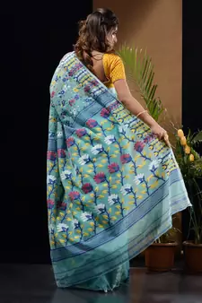 Sea Green Silk Cotton Handwoven Jamdani Saree With Floral Designs And Motifs Without Blouse