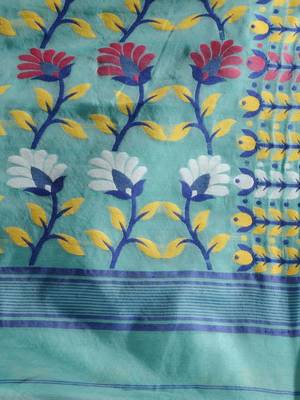 Sea Green Silk Cotton Handwoven Jamdani Saree With Floral Designs And Motifs Without Blouse 5