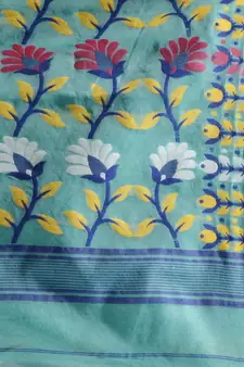 Sea Green Silk Cotton Handwoven Jamdani Saree With Floral Designs And Motifs Without Blouse