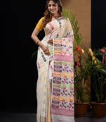 White Silk Cotton Handwoven Jamdani Saree With Floral Designs And Motifs Without Blouse