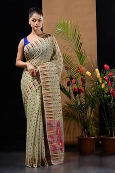 Pistachio Green Silk Cotton Handwoven Jamdani Saree With Woven Buttas And Ethnic Designs Without Blouse