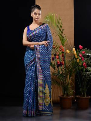 Blue Silk Cotton Handwoven Jamdani Saree With Woven Buttas And Ethnic Designs Without Blouse 1