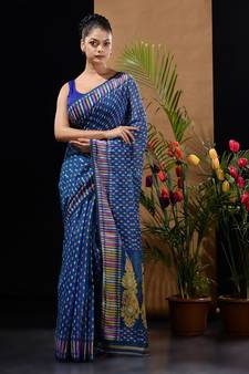 Blue Silk Cotton Handwoven Jamdani Saree With Woven Buttas And Ethnic Designs Without Blouse