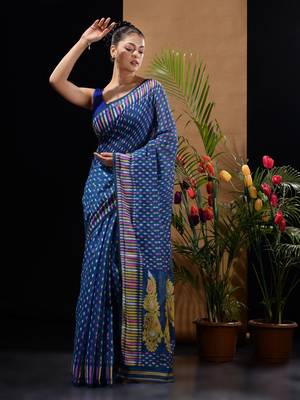 Blue Silk Cotton Handwoven Jamdani Saree With Woven Buttas And Ethnic Designs Without Blouse 2