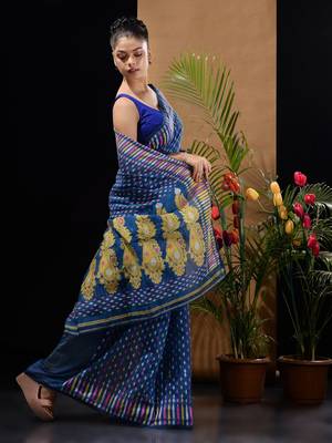 Blue Silk Cotton Handwoven Jamdani Saree With Woven Buttas And Ethnic Designs Without Blouse 3