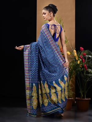 Blue Silk Cotton Handwoven Jamdani Saree With Woven Buttas And Ethnic Designs Without Blouse 4