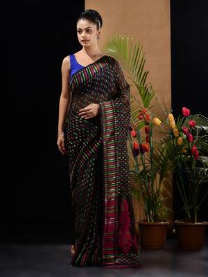 Black Silk Cotton Handwoven Jamdani Saree With Woven Buttas And Ethnic Designs Without Blouse 1