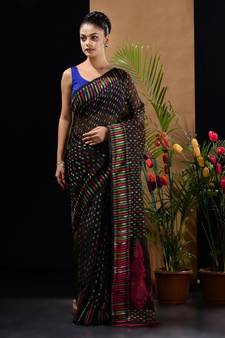 Black Silk Cotton Handwoven Jamdani Saree With Woven Buttas And Ethnic Designs Without Blouse