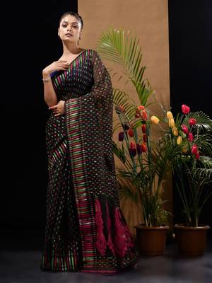 Black Silk Cotton Handwoven Jamdani Saree With Woven Buttas And Ethnic Designs Without Blouse 2