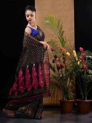 Black Silk Cotton Handwoven Jamdani Saree With Woven Buttas And Ethnic Designs Without Blouse 3