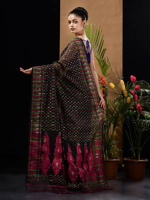 Black Silk Cotton Handwoven Jamdani Saree With Woven Buttas And Ethnic Designs Without Blouse 4