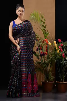 Black Silk Cotton Handwoven Jamdani Saree With Woven Buttas And Ethnic Designs Without Blouse