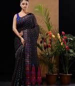 Black Silk Cotton Handwoven Jamdani Saree With Woven Buttas And Ethnic Designs Without Blouse