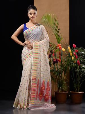 White Silk Cotton Handwoven Jamdani Saree With Woven Buttas And Ethnic Designs Without Blouse 1