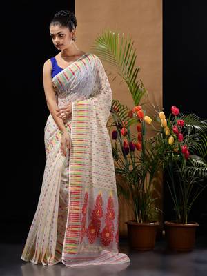 White Silk Cotton Handwoven Jamdani Saree With Woven Buttas And Ethnic Designs Without Blouse 2