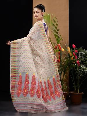 White Silk Cotton Handwoven Jamdani Saree With Woven Buttas And Ethnic Designs Without Blouse 4