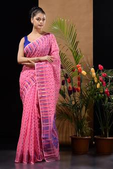 Pink Silk Cotton Handwoven Jamdani Saree With Woven Buttas And Ethnic Designs Without Blouse