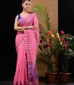 Pink Silk Cotton Handwoven Jamdani Saree With Woven Buttas And Ethnic Designs Without Blouse