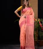 Peach And Pink Silk Cotton Handwoven Jamdani Saree With Floral Designs And Zari Pallu Without Blouse